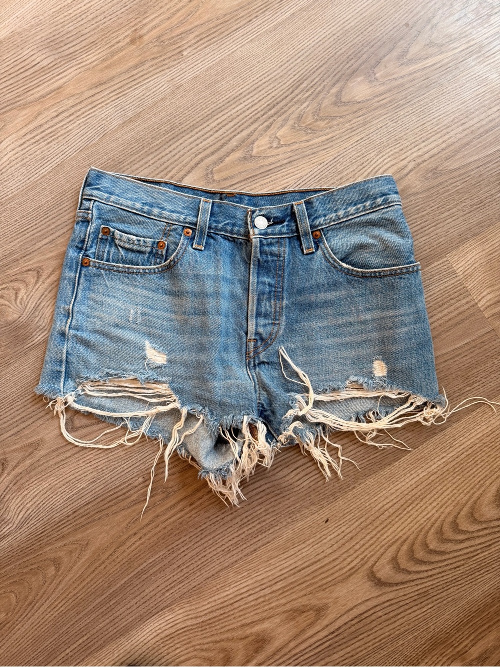 Levi's Light Blue Distressed High Waist Denim Shorts